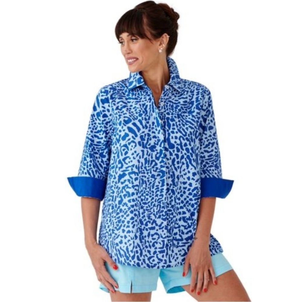 Perlavera Blue Cos Leopard Print Button Down Shirt 3/4 Sleeve Large